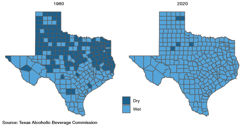 Dry and Wet Counties in Texas, 1960 vs. 2020